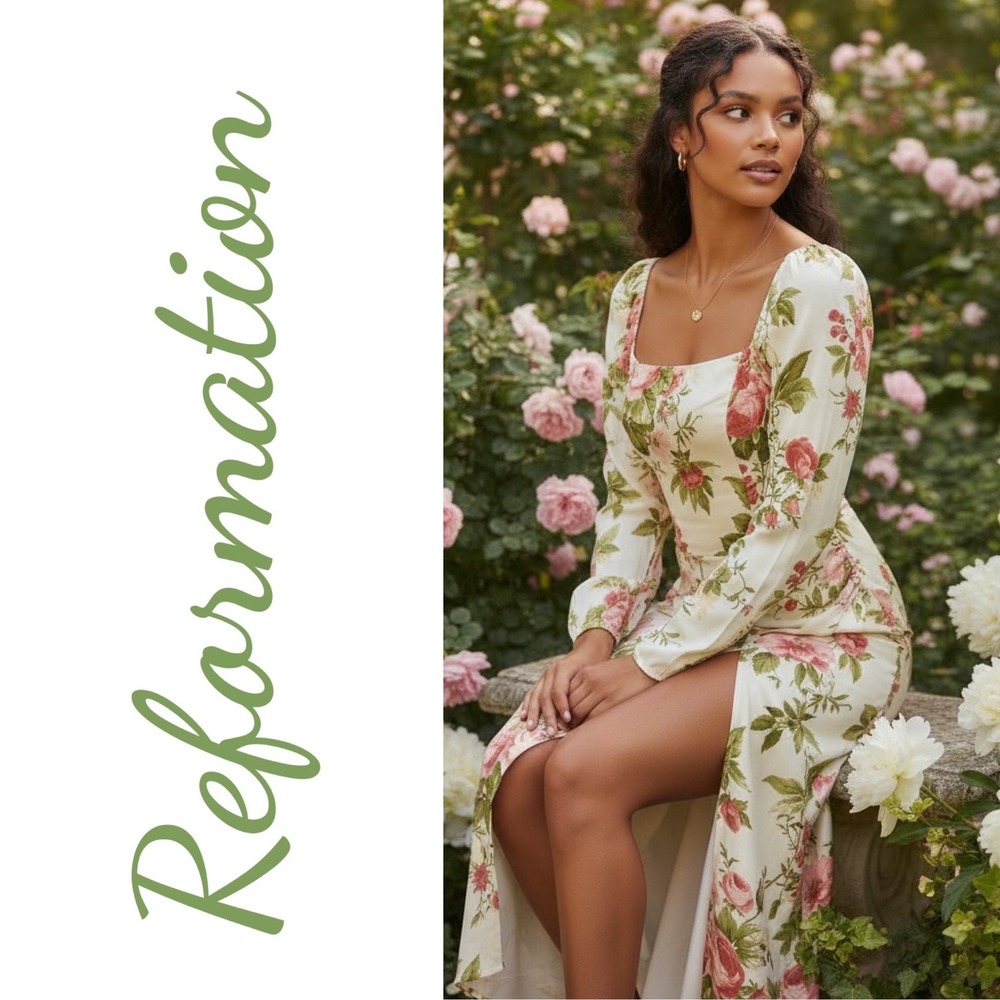 REFORMATION Hilda Floral Midi Square Neck Bodycon Dress Jardin NWT Size 4 - Picture 9 of 14